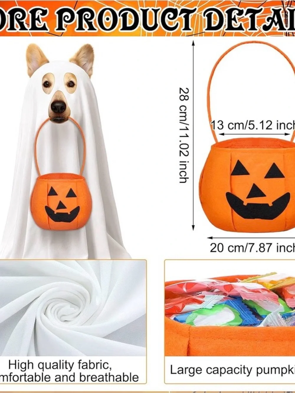 Dog Halloween Ghost Costume with Orange Pumpkin Bucket